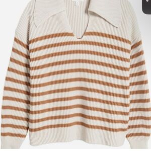 Nordstrom Cream and Tan Striped V-Neck Sweater